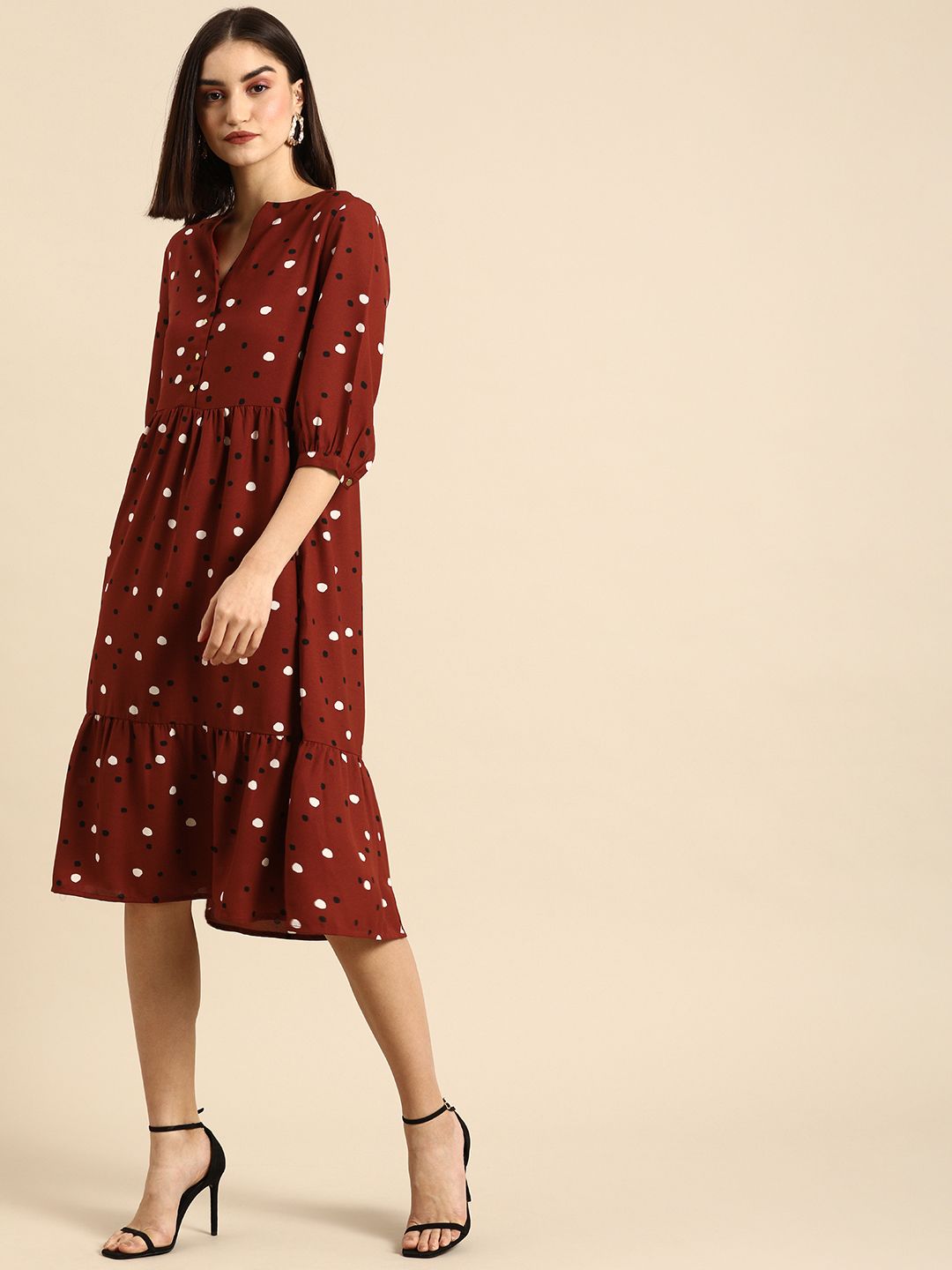 all about you Women Maroon & White Printed V-Neck A-Line Tiered Casual Dress