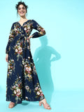 Berrylush Navy Blue Floral Crepe Maxi Dress