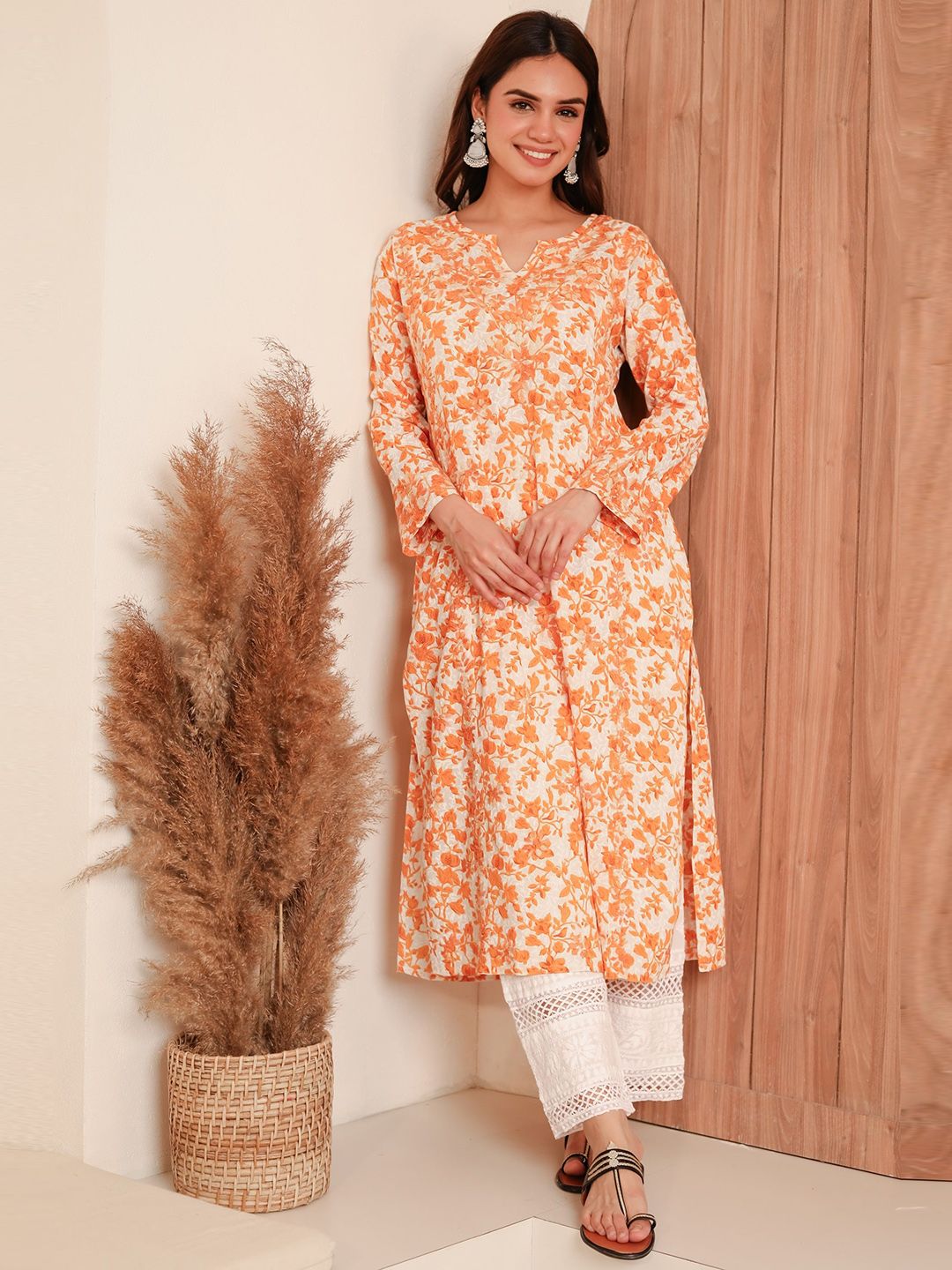 HOUSE OF KARI Notch Neck Floral Printed Cotton Straight Kurta