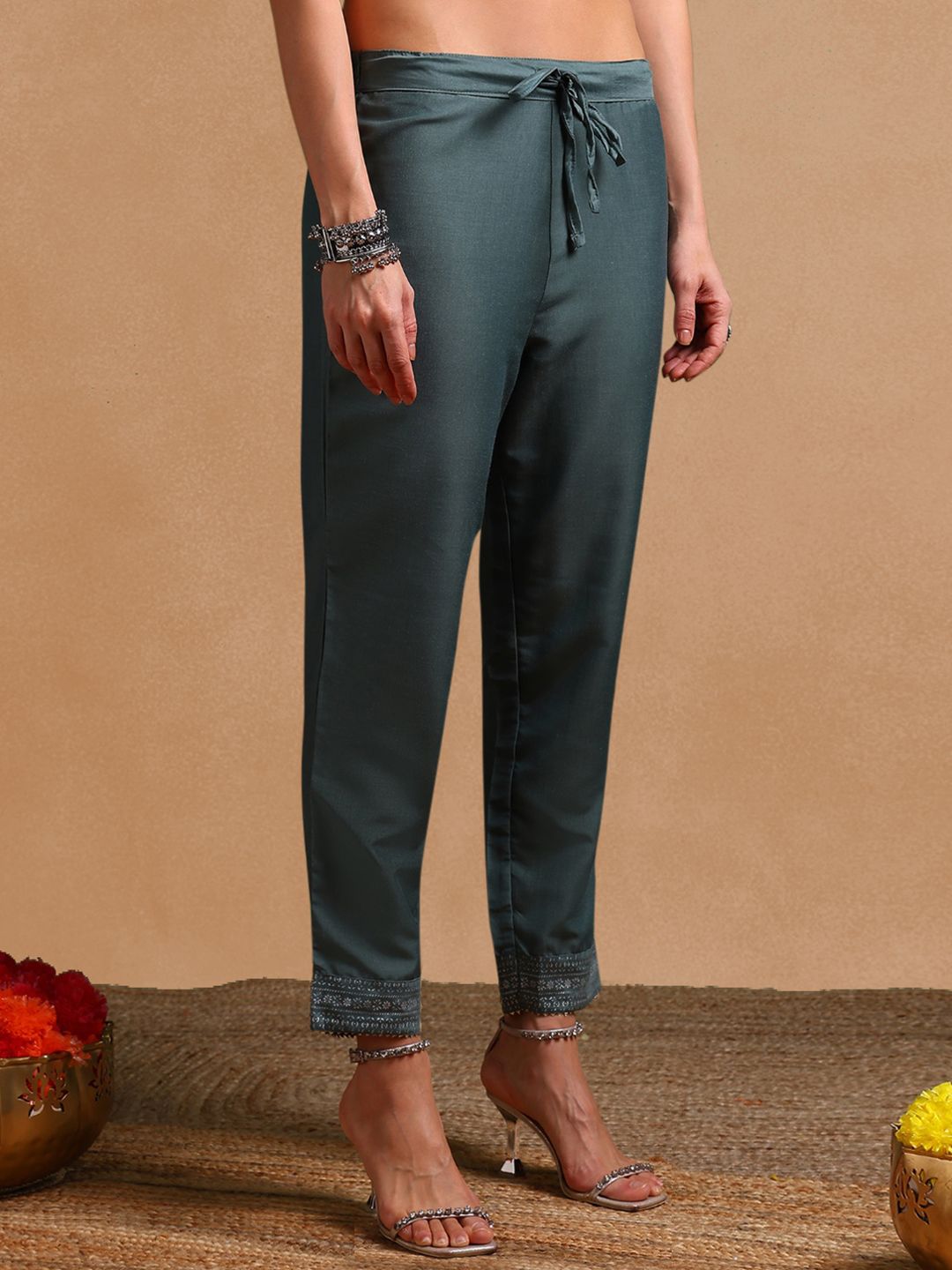 KALINI Ethnic Motifs Printed Round Neck Gotta Patti Empire Kurta With Trouser & Dupatta