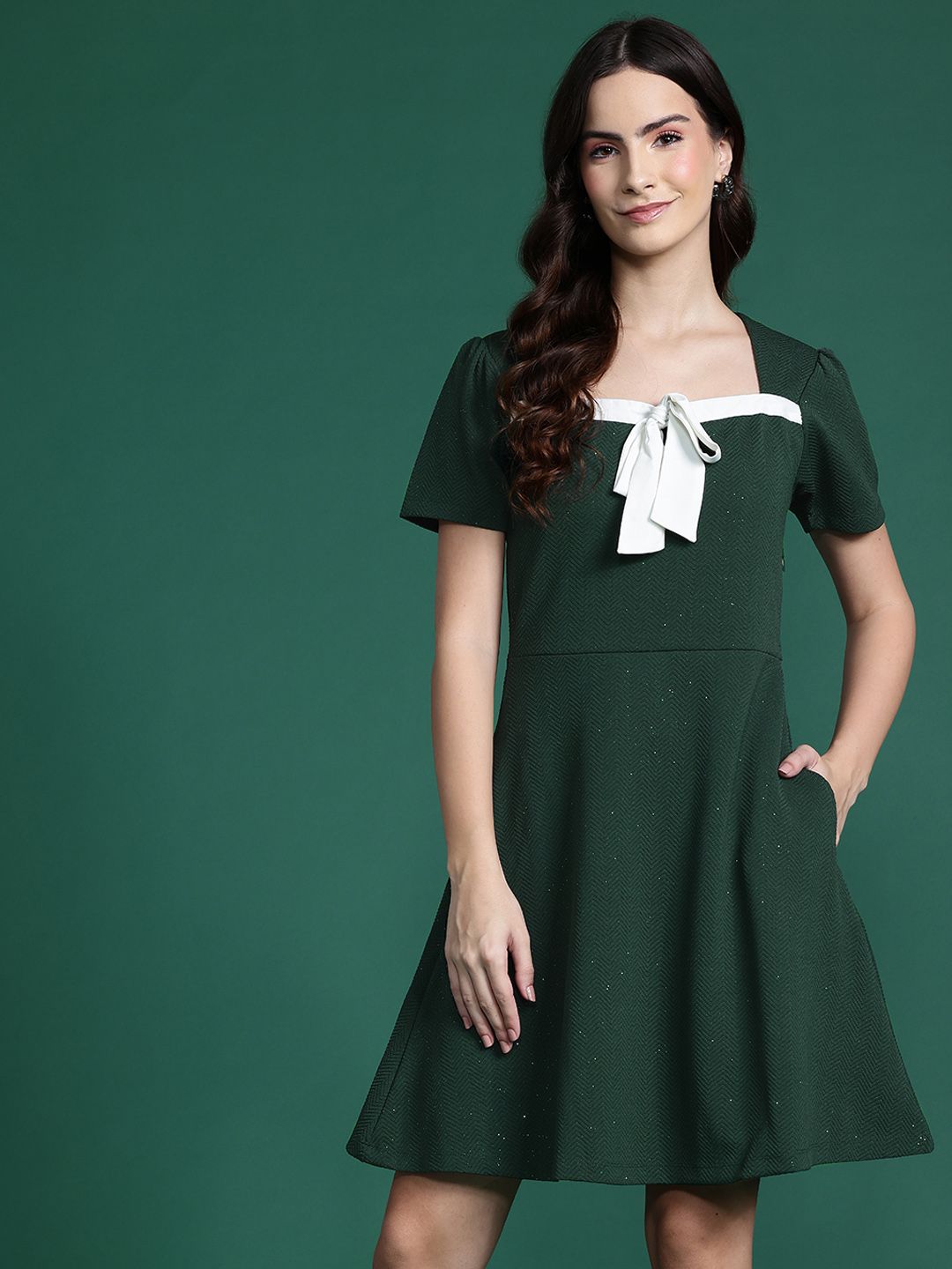 DressBerry Textured Bow-Detail A-Line Dress