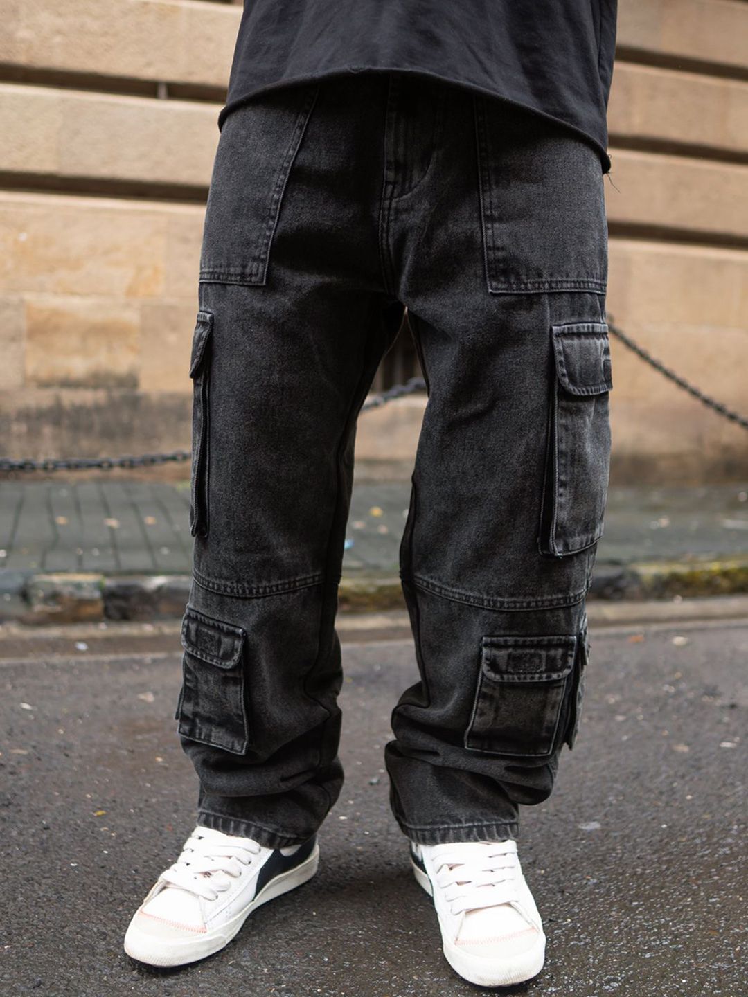 Powerlook Men Loose Fit Cargos Charcoal Black Multi Pockets Baggy Fit Denim Jeans