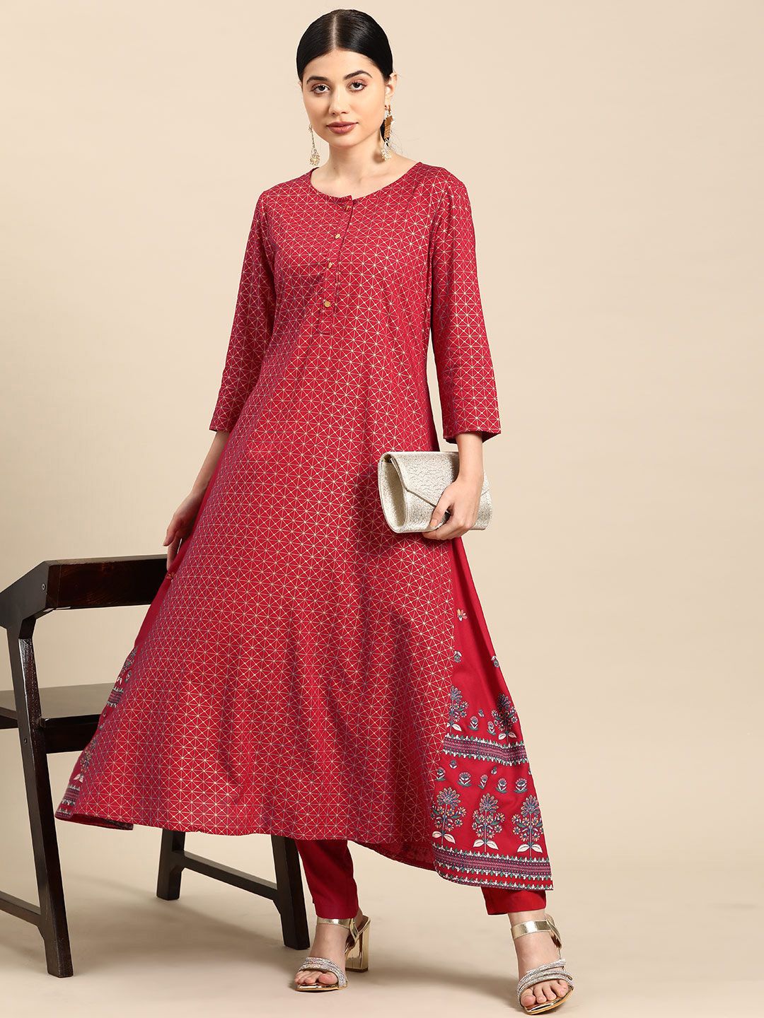 all about you Women Maroon Ethnic Motifs Printed Regular Kurta with Trousers