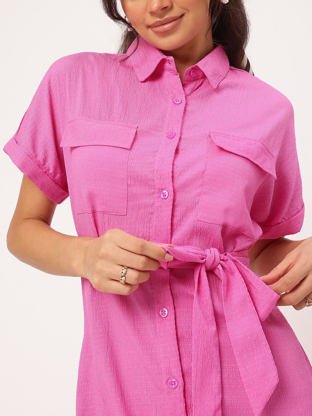 DressBerry Crinkle Chic Tie-Up Shirt Dress