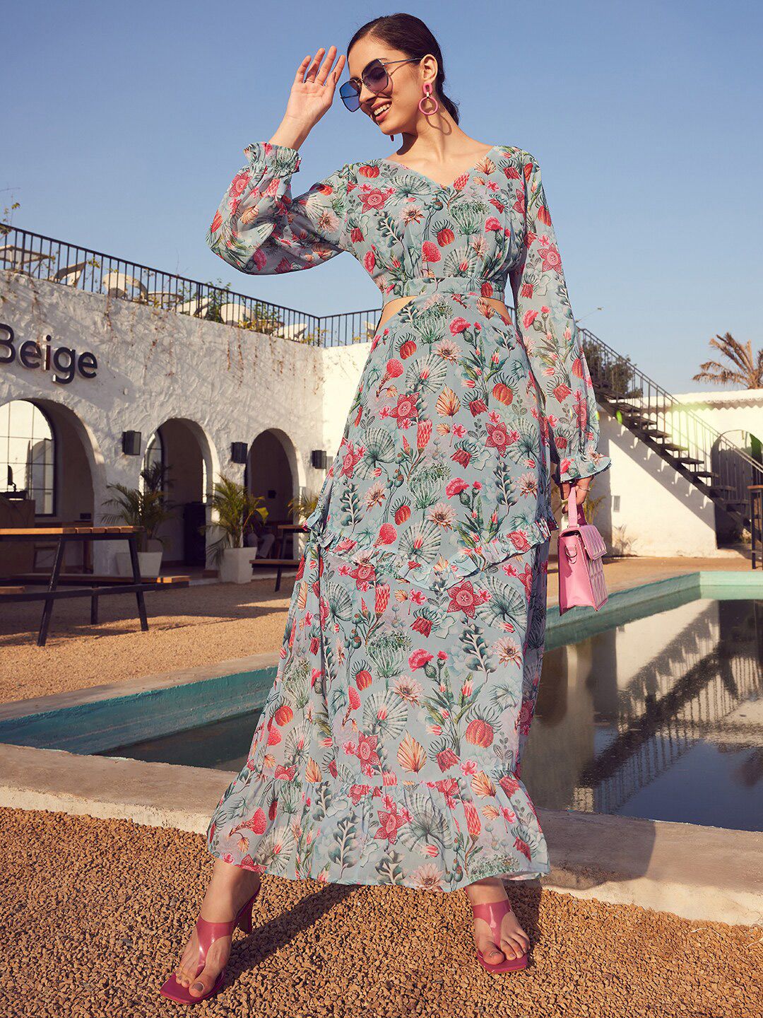 STREET 9 Green & Pink Floral Printed Bell Sleeve Maxi Dress