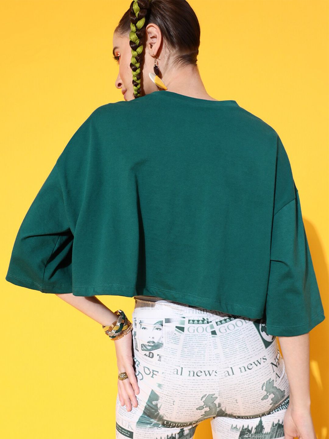STREET 9 Women Green Printed Cotton Drop-Shoulder Sleeves Bio Finish Boxy T-shirt