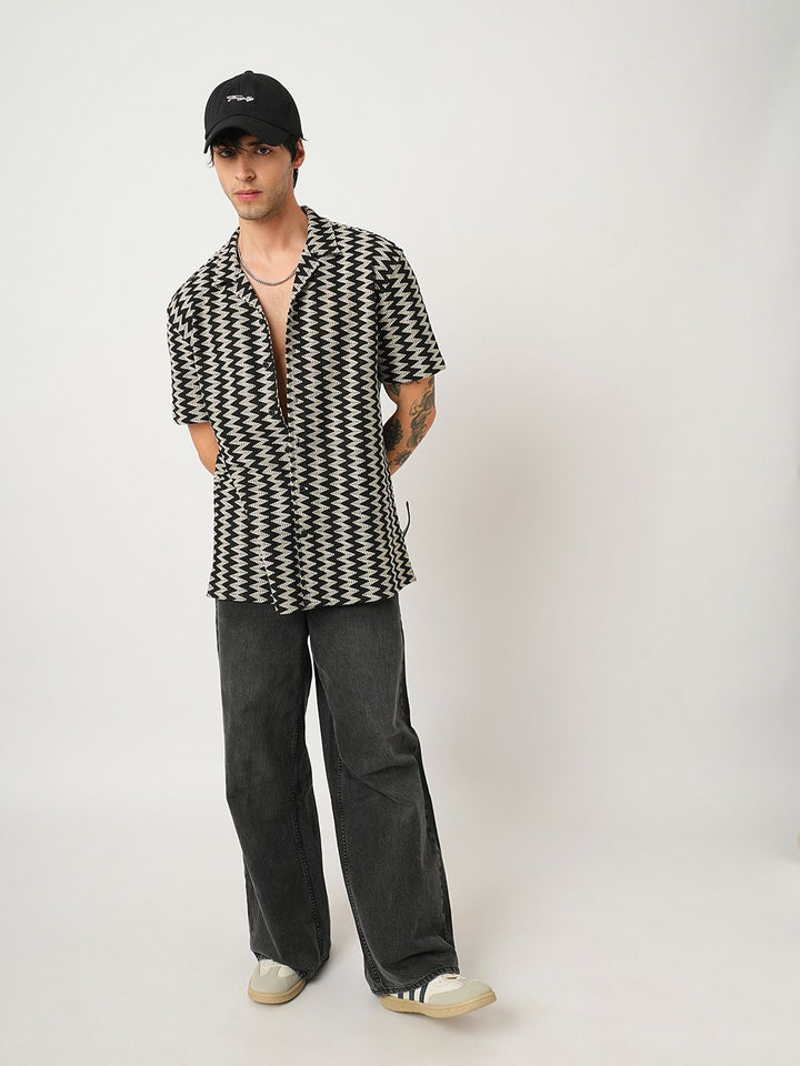 VASTRADO Men Classic Cuban Collar Chevron Printed Cotton Oversized Casual Shirt