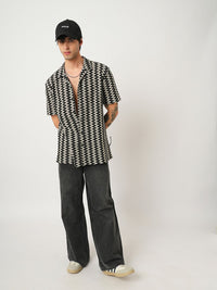 VASTRADO Men Classic Cuban Collar Chevron Printed Cotton Oversized Casual Shirt