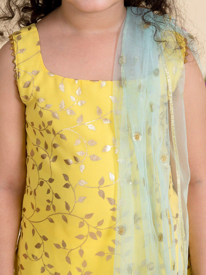 pspeaches Girls Yellow Embroidered Kurti with Sharara & With Dupatta