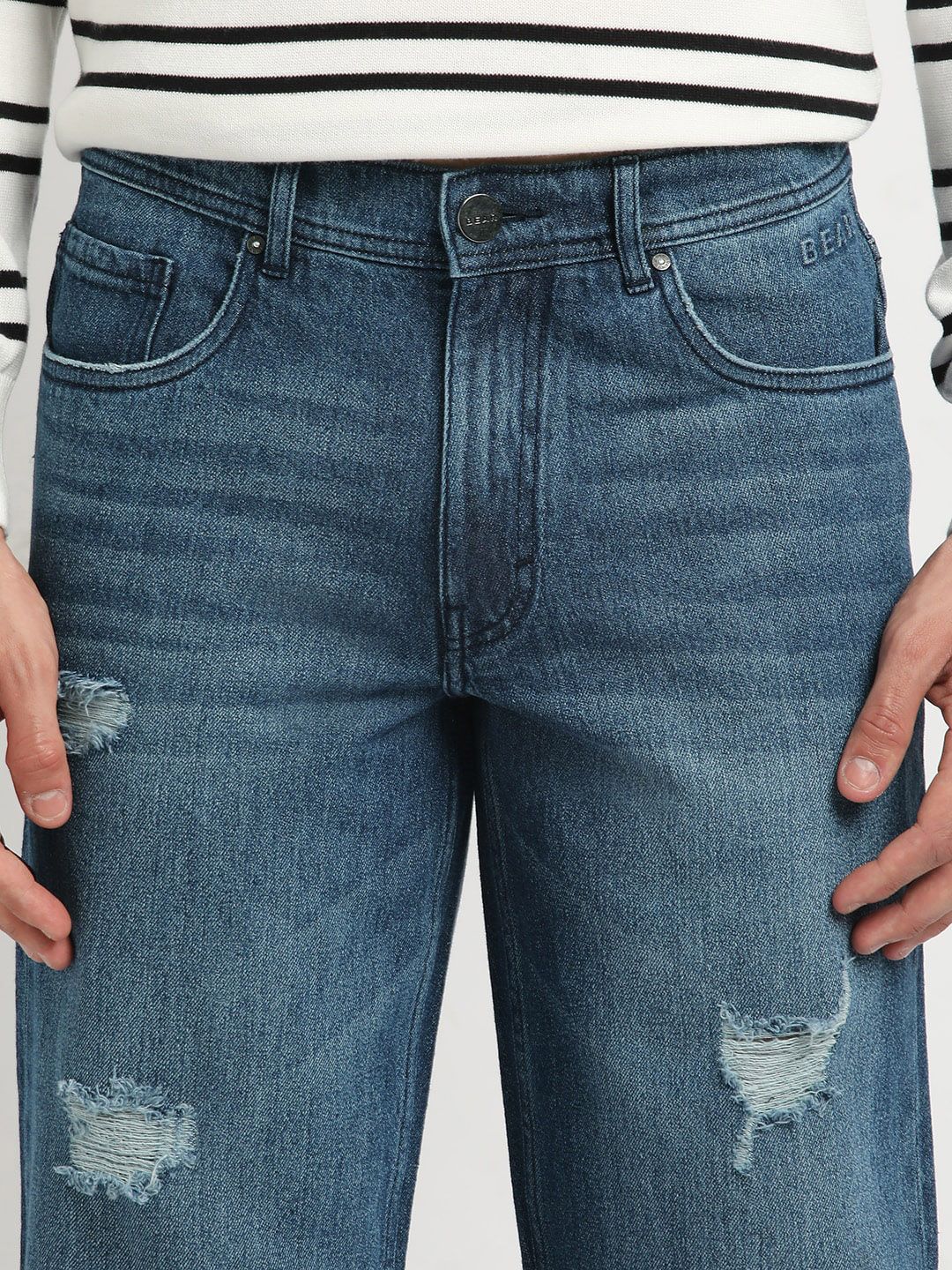 THE BEAR HOUSE Men Straight Fit Mildly Distressed Light Fade Pure Cotton Jeans