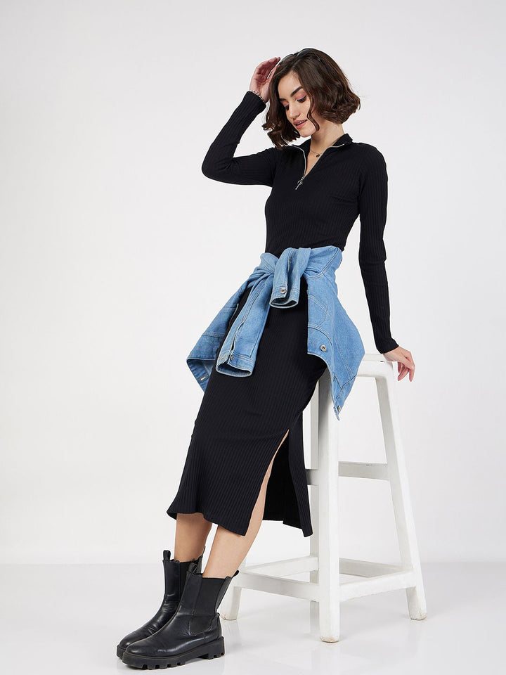 SASSAFRAS Black Ribbed Bodycon Midi Dress