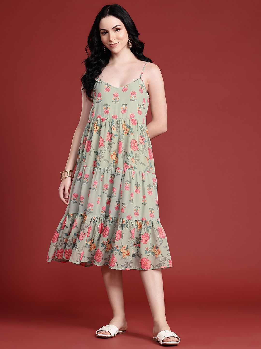 Anouk Floral Printed Tiered A-Line Ethnic Dress