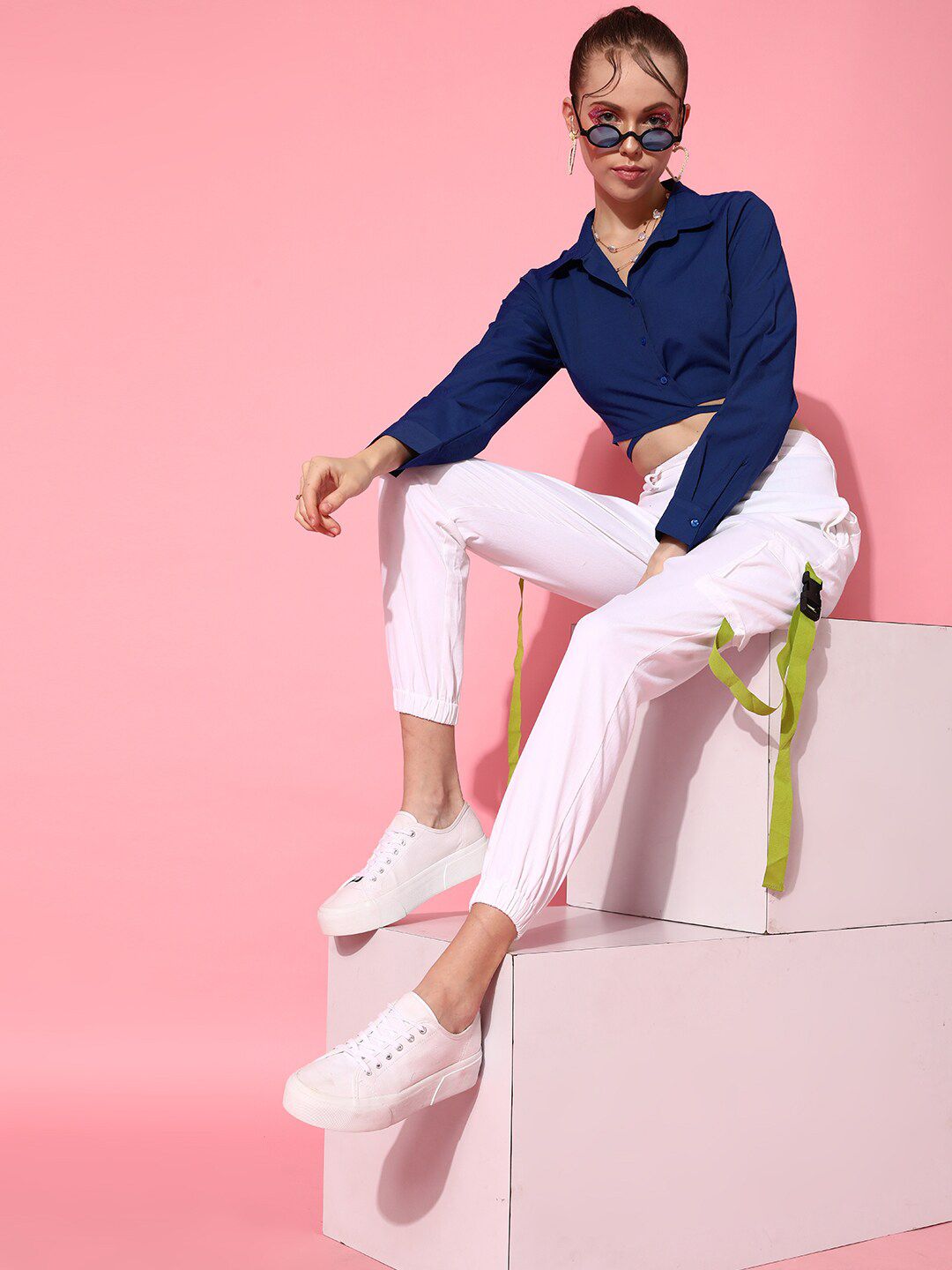 STREET 9 Stylish Blue Solid Crop Top