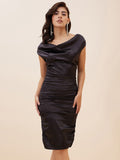 Antheaa Cowl Neck Extended Sleeves Gathered Satin Sheath Dress