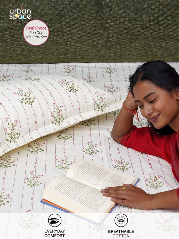 URBAN SPACE Pink & White Floral Printed Cotton 200 TC Single Bedsheet With 2 Pillow Covers