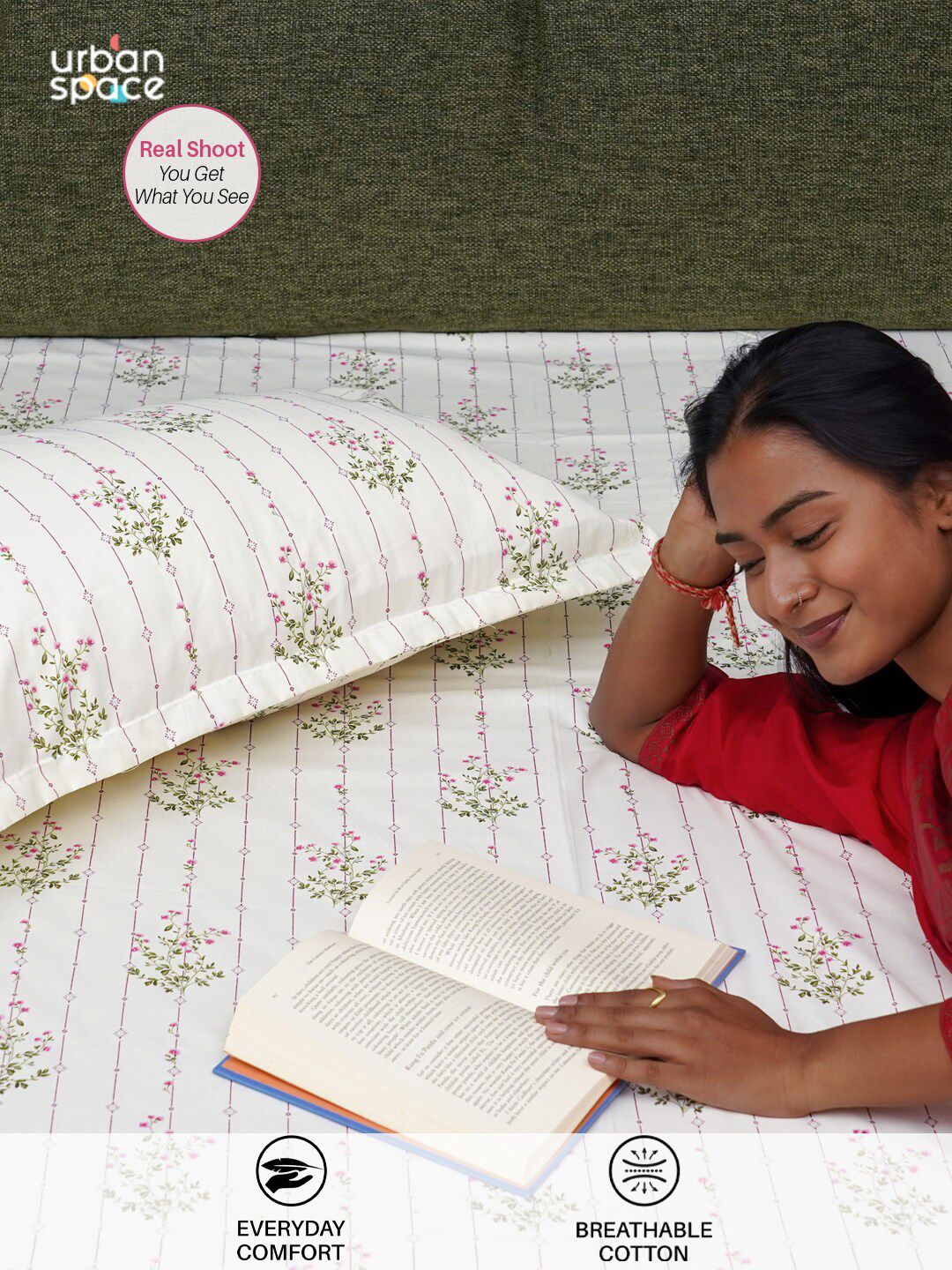 URBAN SPACE Pink & White Floral Printed Cotton 200 TC Single Bedsheet With 2 Pillow Covers