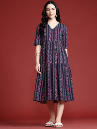 Anouk Floral Print Pleated Pure Cotton Tiered Ethnic Dress