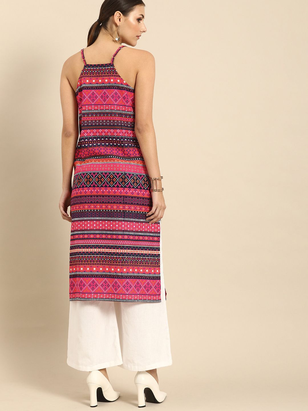 Anouk Women Pink & Navy Blue Striped Kurta