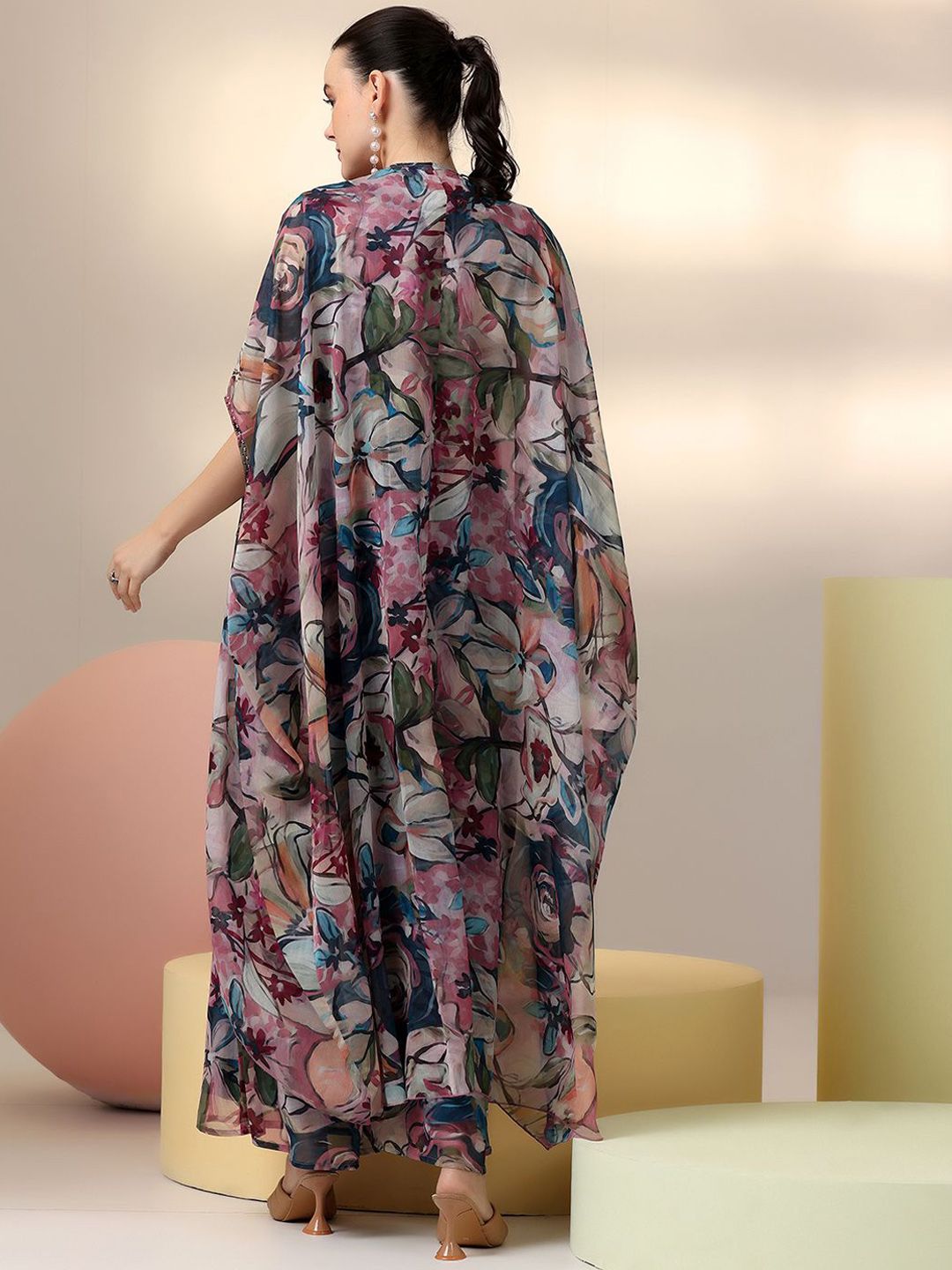 Libas Floral Printed V-Neck Top & Palazzo With Shrug