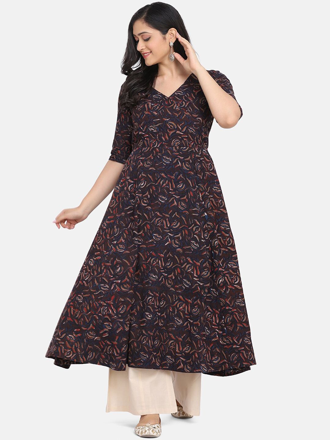KALINI Floral Printed Pure Cotton Anarkali Kurta Wiith Palazzos