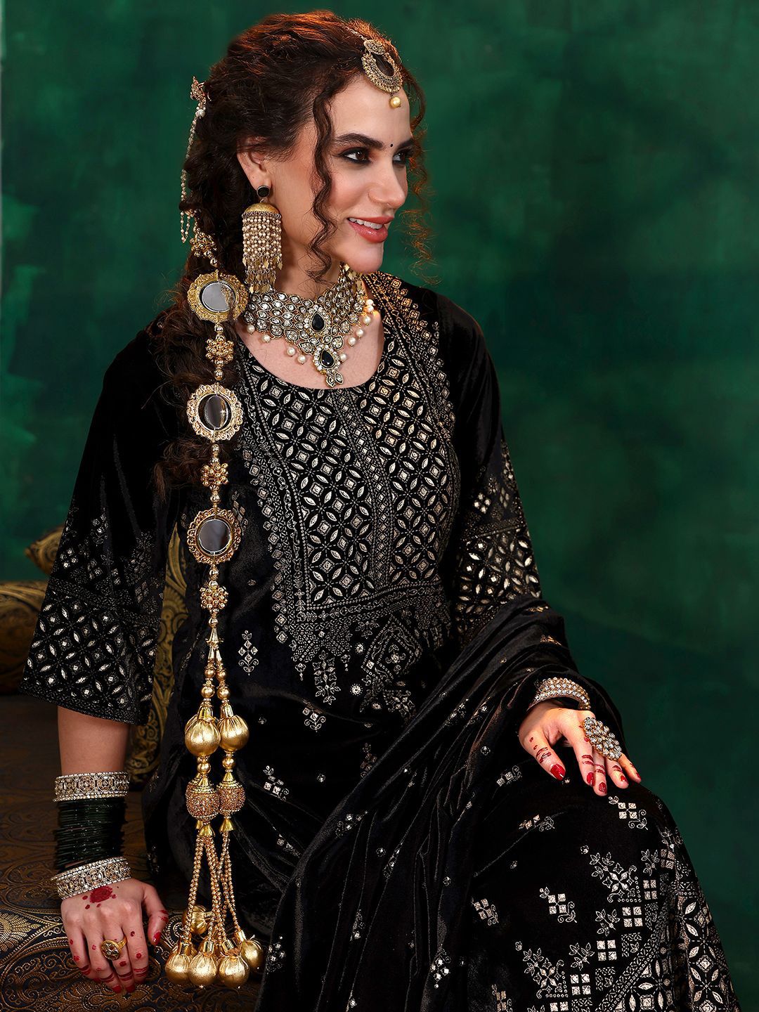 Libas Ethnic Motifs Embroidered Straight Velvet Sequinned Kurta with Salwar & Dupatta