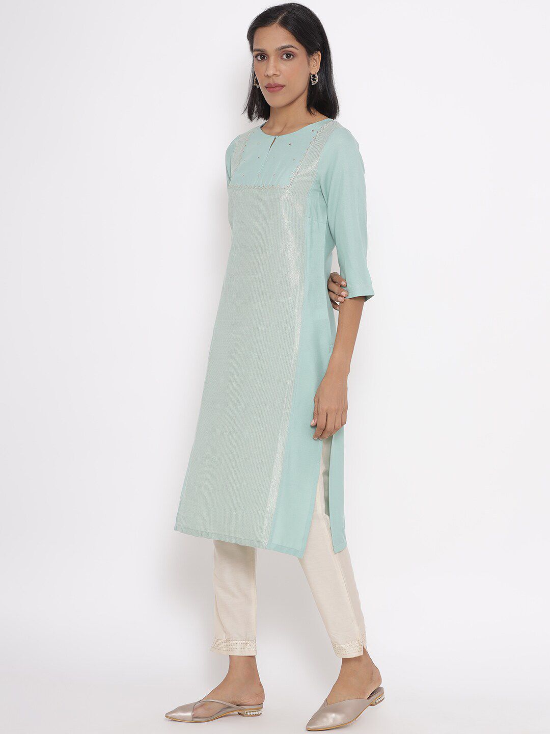 W Women Jacquard Kurta with Embroidered Yoke