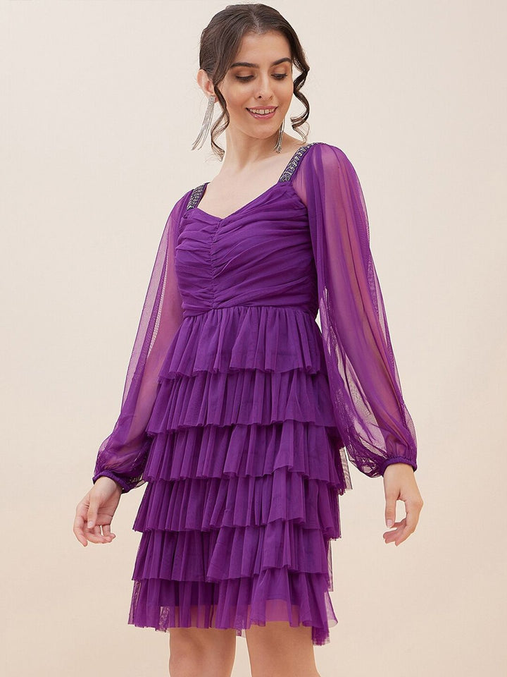 Antheaa Puff Sleeve Layered Net Fit & Flare Dress