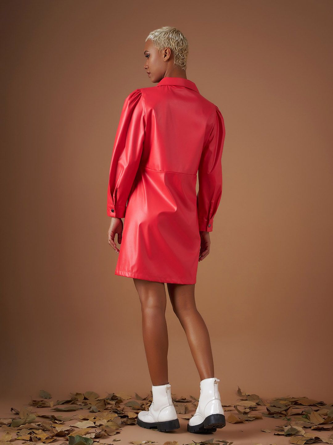 SASSAFRAS Red Shirt Collar Puff Sleeves Shirt Dress