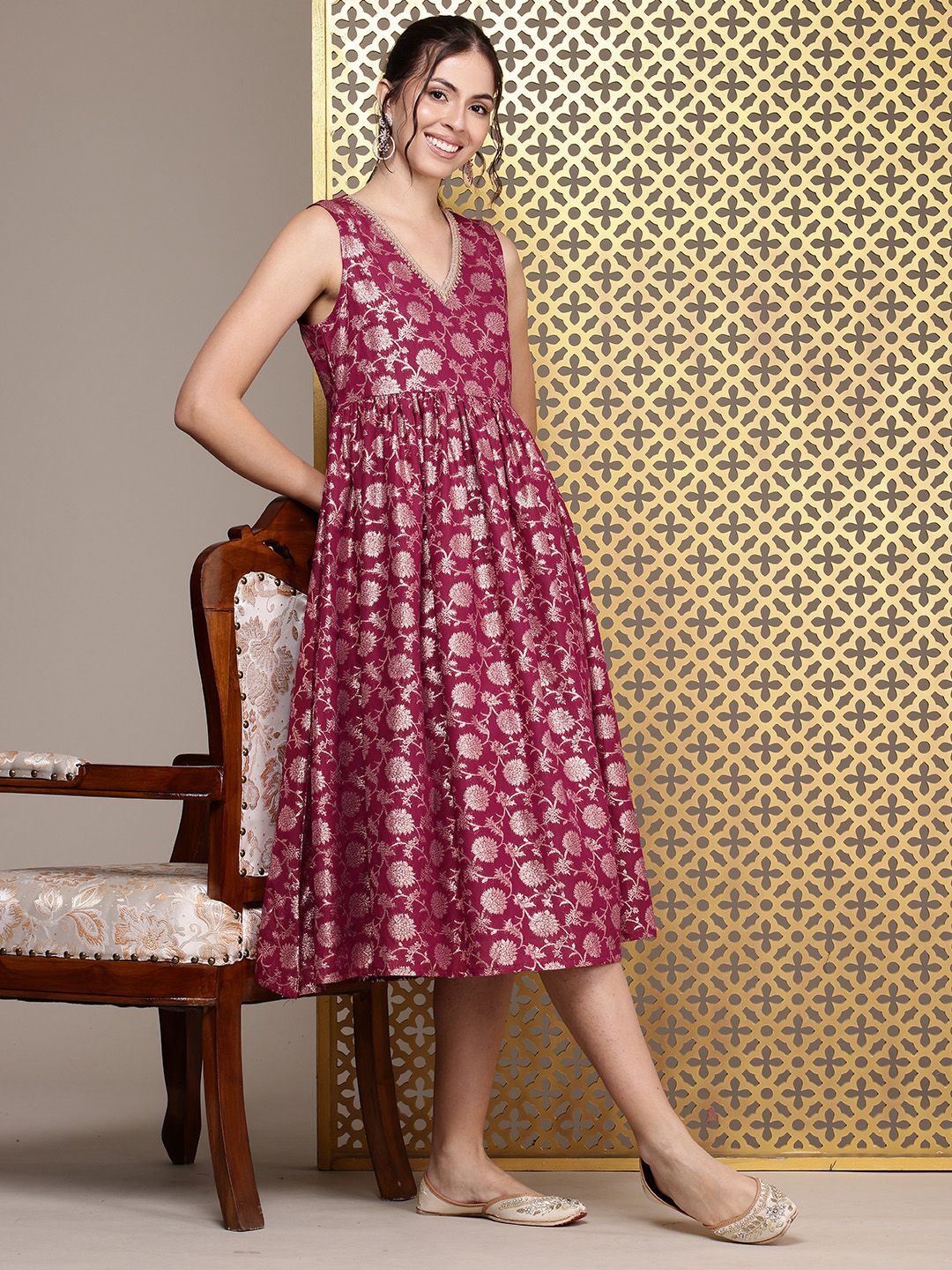 House of Pataudi Floral Embroidered A-Line Midi Jashn Dress