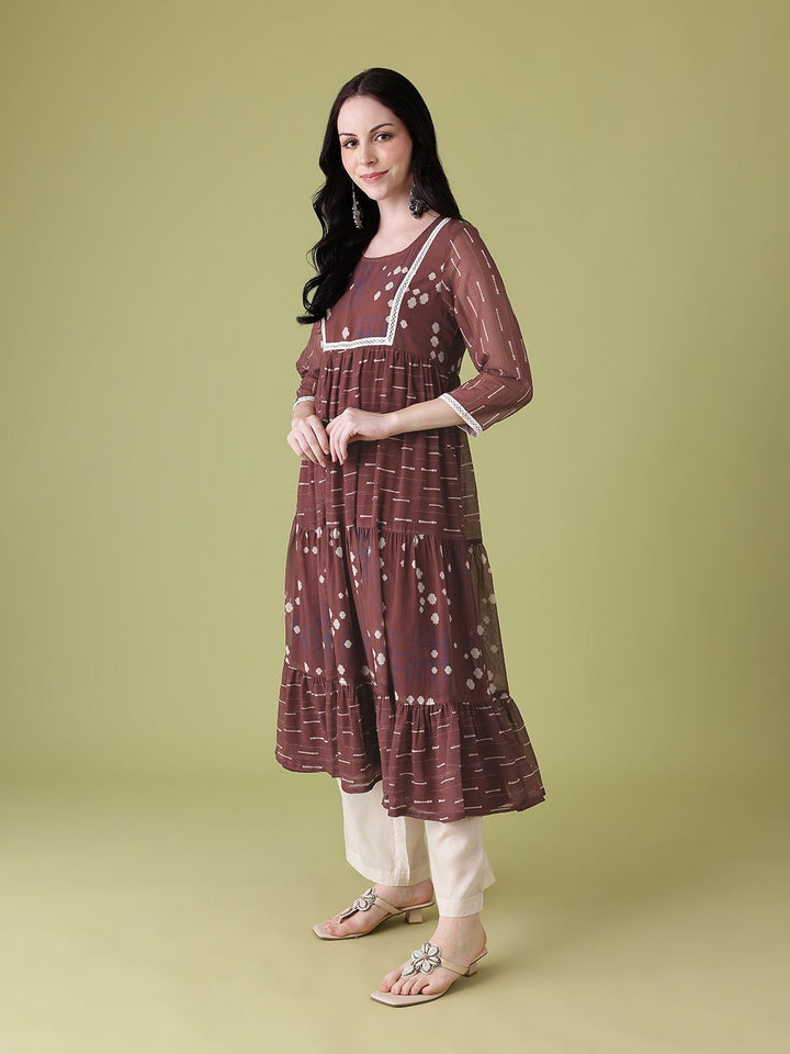 Anouk Ethnic Motifs Print Lace Insert Tiered A-Line Kurta