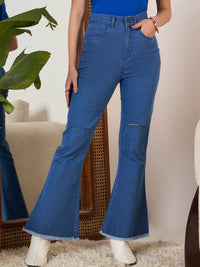 Berrylush Blue Women Bootcut High-Rise Mildly Distressed Stretchable Light Fade Jeans