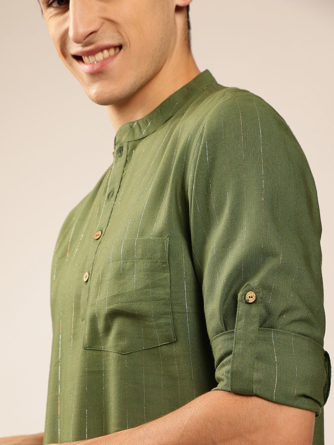 Anouk Green Striped Woven Design Mandarin Collar Roll-Up Sleeves Zari Pathani Short Kurta