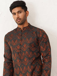Jompers Ethnic Motifs Printed Mandarin Collar Silk & Cotton Straight Kurta