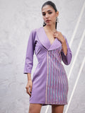 Athena Striped Embroidered Lapel Collar Sheath Dress