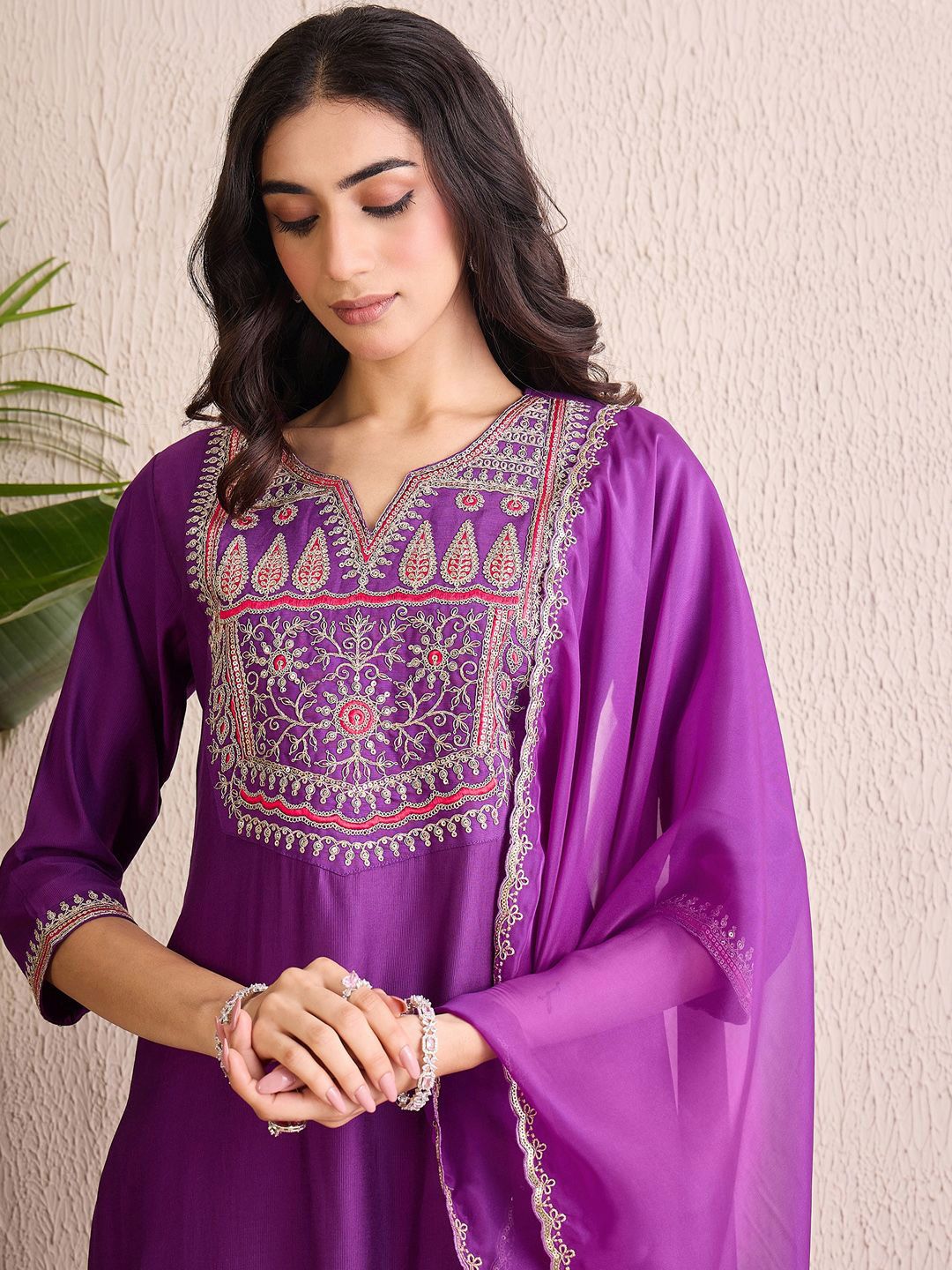 Indo Era Women Ethnic Motifs Yoke Design Regular Liva Kurta with Trousers & With Dupatta