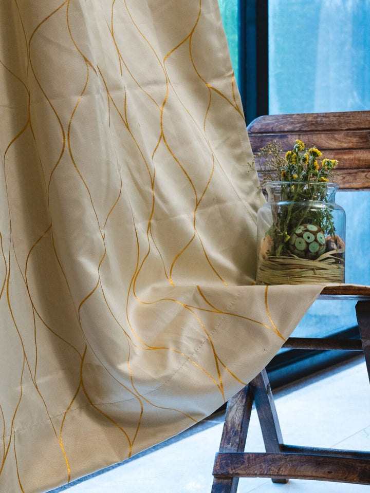 URBAN SPACE Gold Foil Beige & Gold-Toned Abstract Black Out Cotton Window Curtain