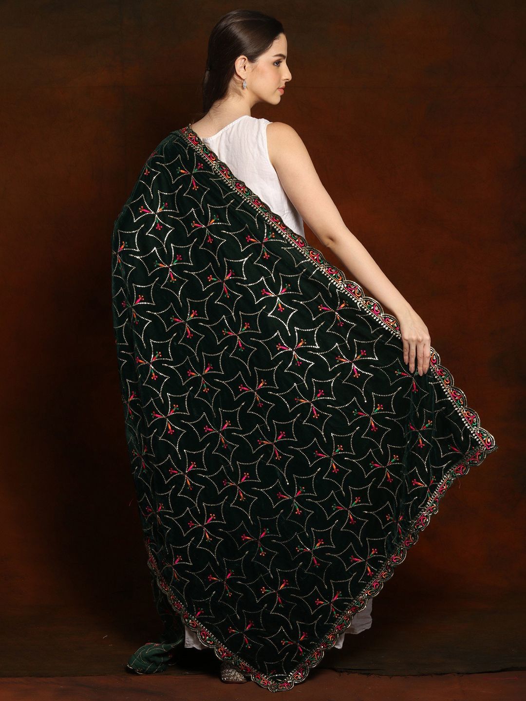 Exotic India Pine Grove Velvet Dupatta with Zari and Sequinned Diamond Pattern