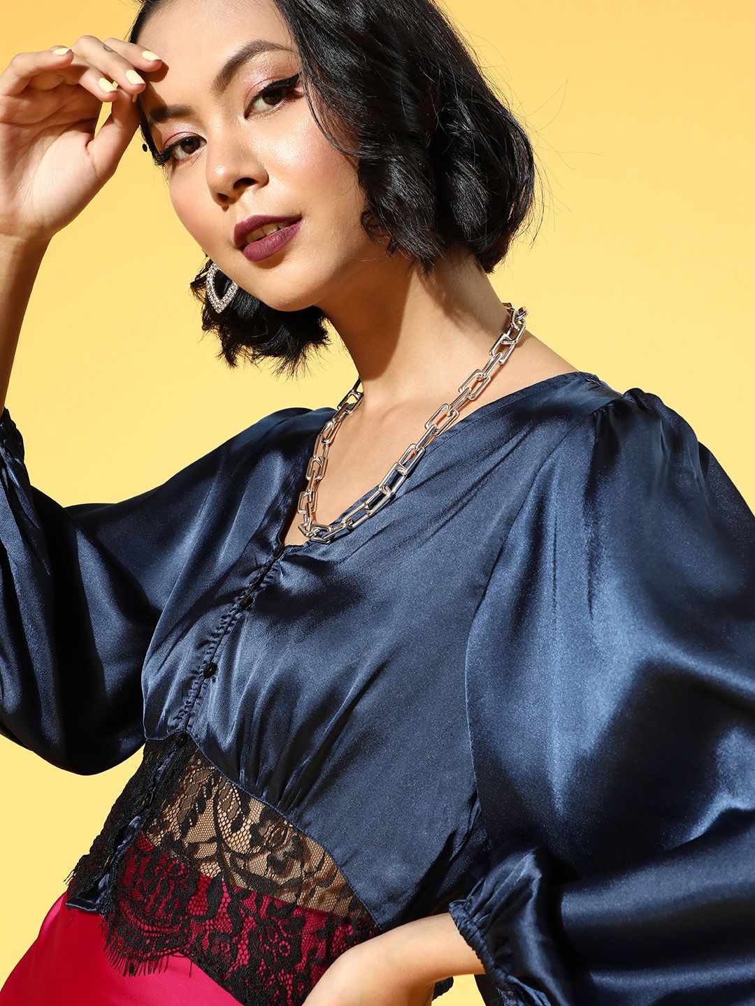 Antheaa Women Deep Navy Blue Solid Lace Top