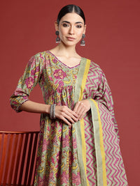 Indo Era Floral Printed Pleated Pure Cotton Kurta with Trousers & With Dupatta