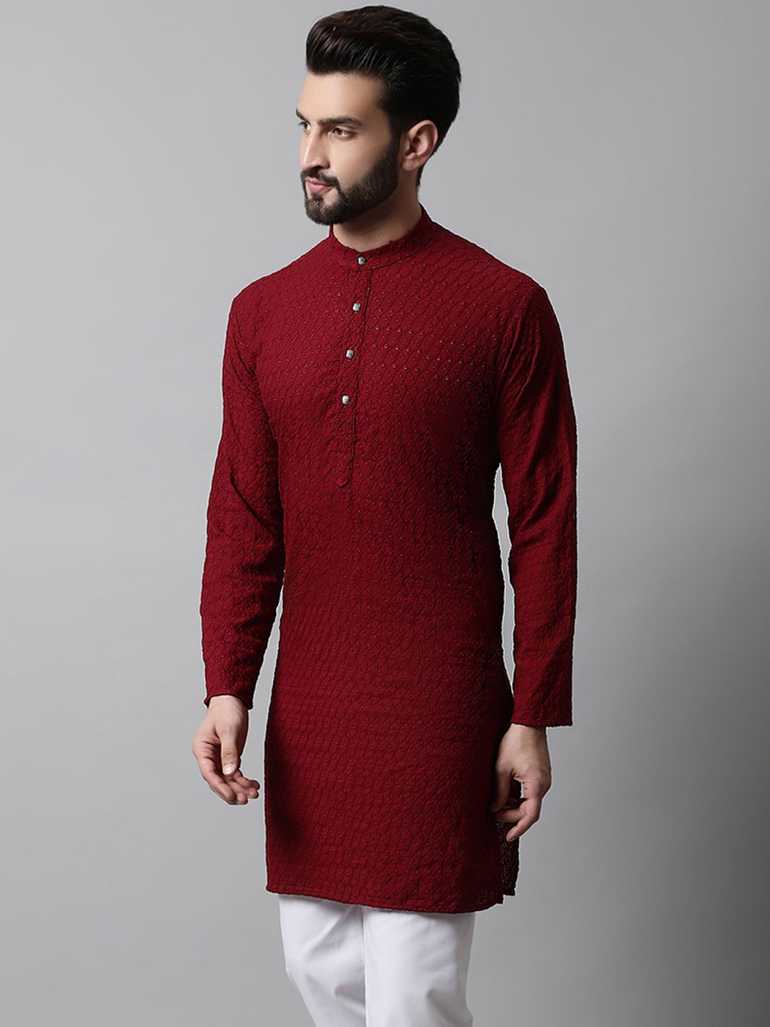 Jompers Men Maroon Floral Embroidered Thread Work Kurta