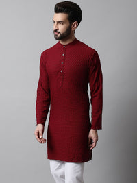 Jompers Men Maroon Floral Embroidered Thread Work Kurta