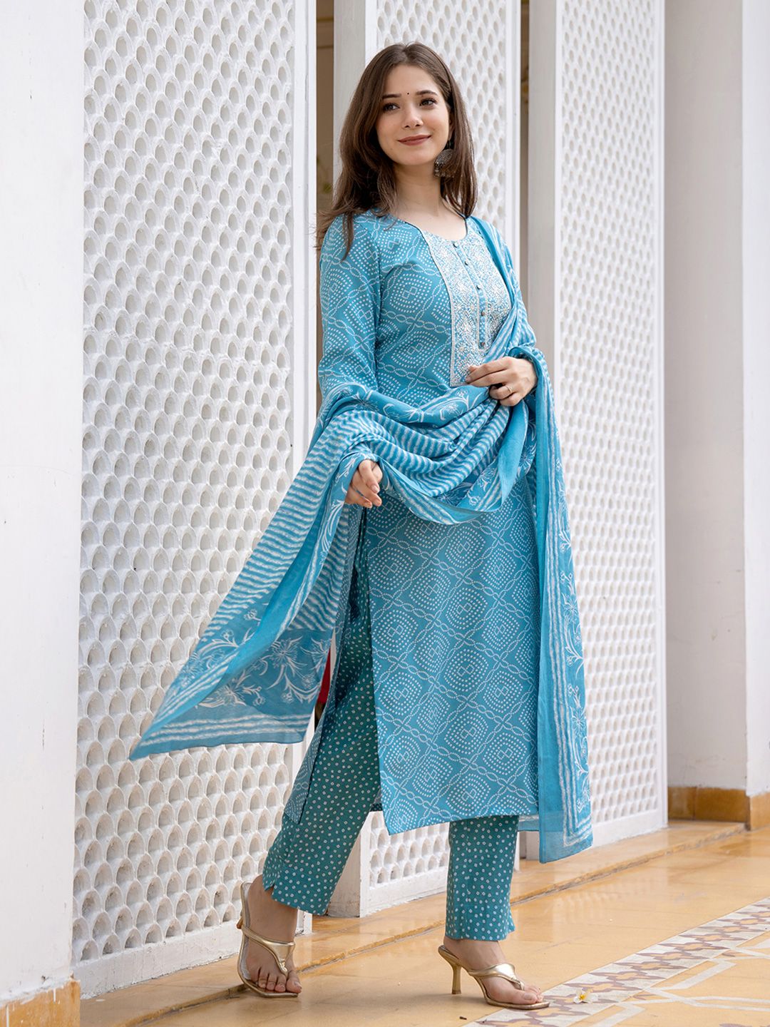 KALINI Bandhani Printed Regular Mirror Work Kurta With Trousers & Dupatta