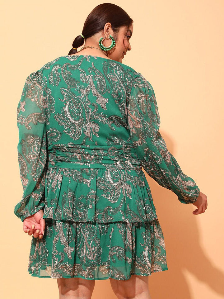 CURVY STREET Plus Size Green & white Printed V Neck Puff Sleeves Fit & Flare Dress