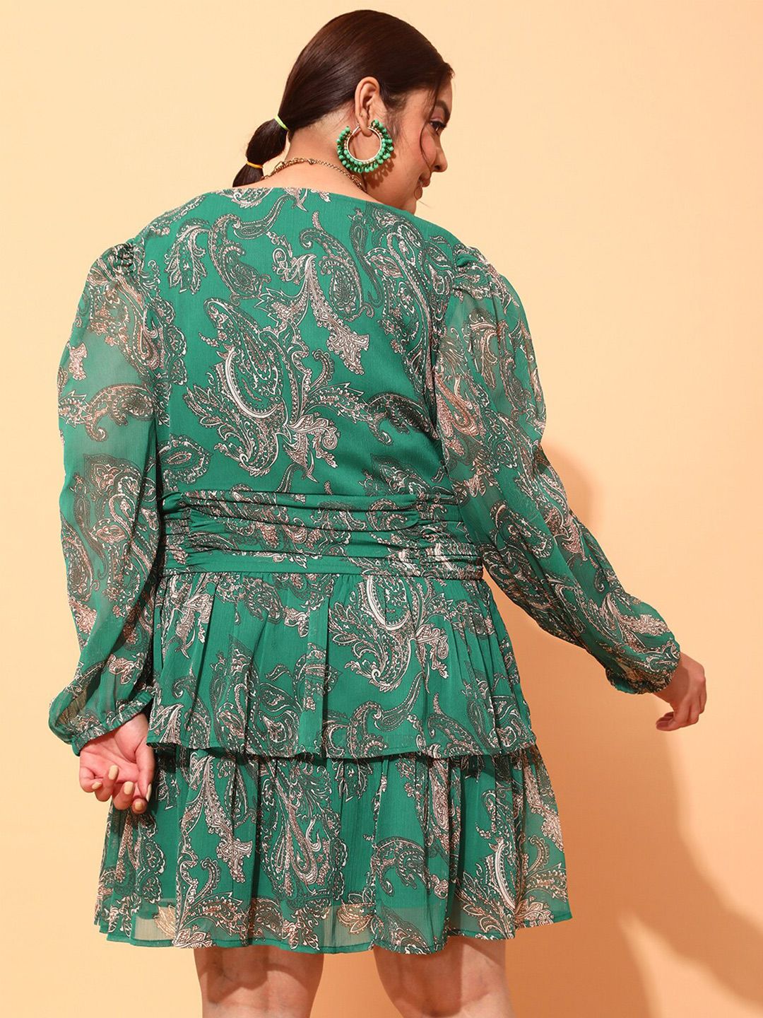 CURVY STREET Plus Size Green & white Printed V Neck Puff Sleeves Fit & Flare Dress