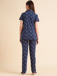 Sweet Dreams Navy Blue & Maroon Floral Printed Pure Cotton Night Suits