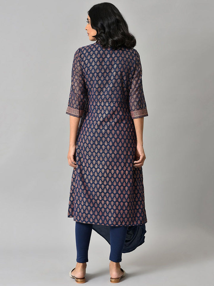 W Festive Geometric Print Georgette A-Line Cowl Hemline Kurta With Tight