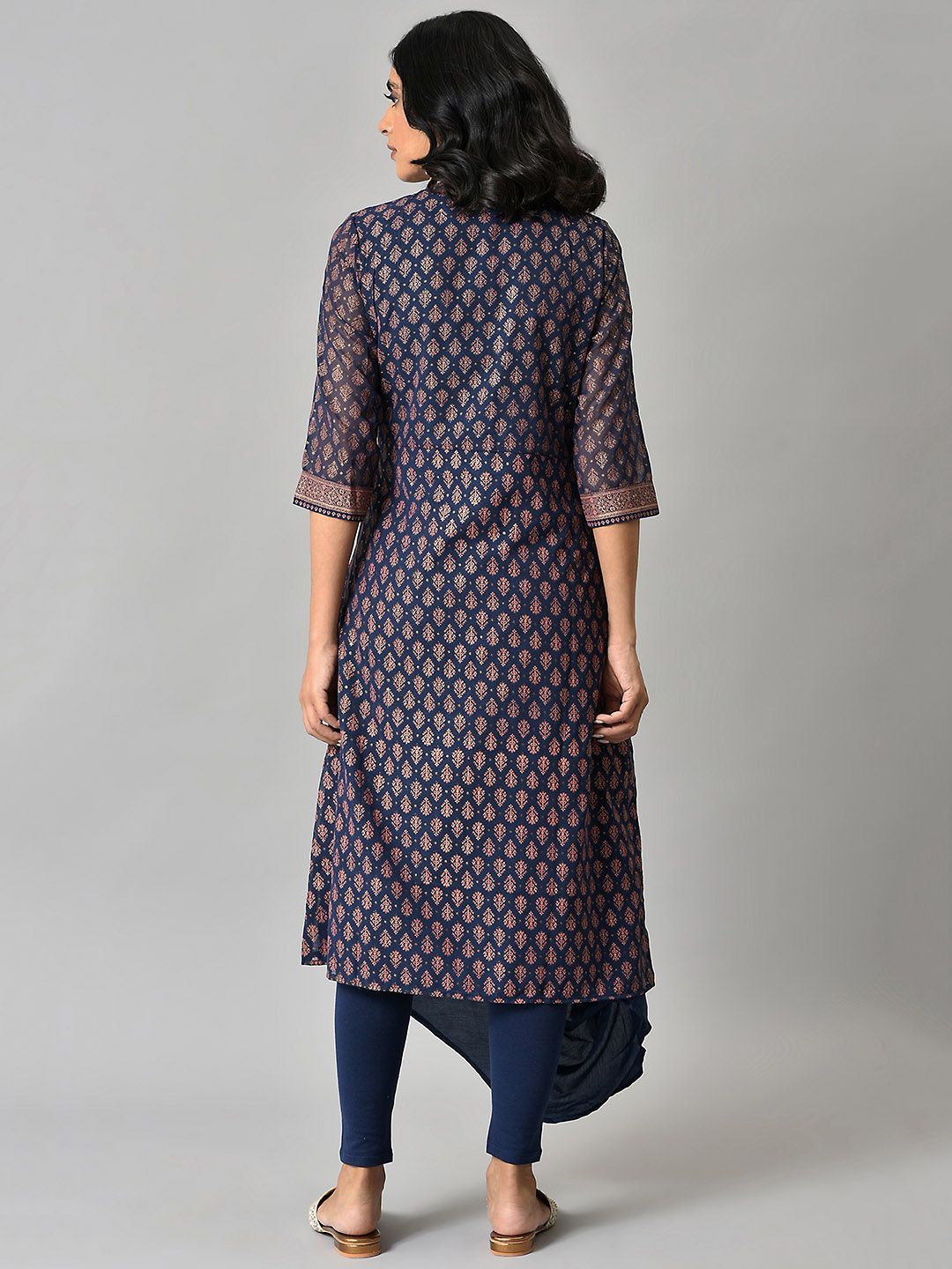 W Festive Geometric Print Georgette A-Line Cowl Hemline Kurta With Tight