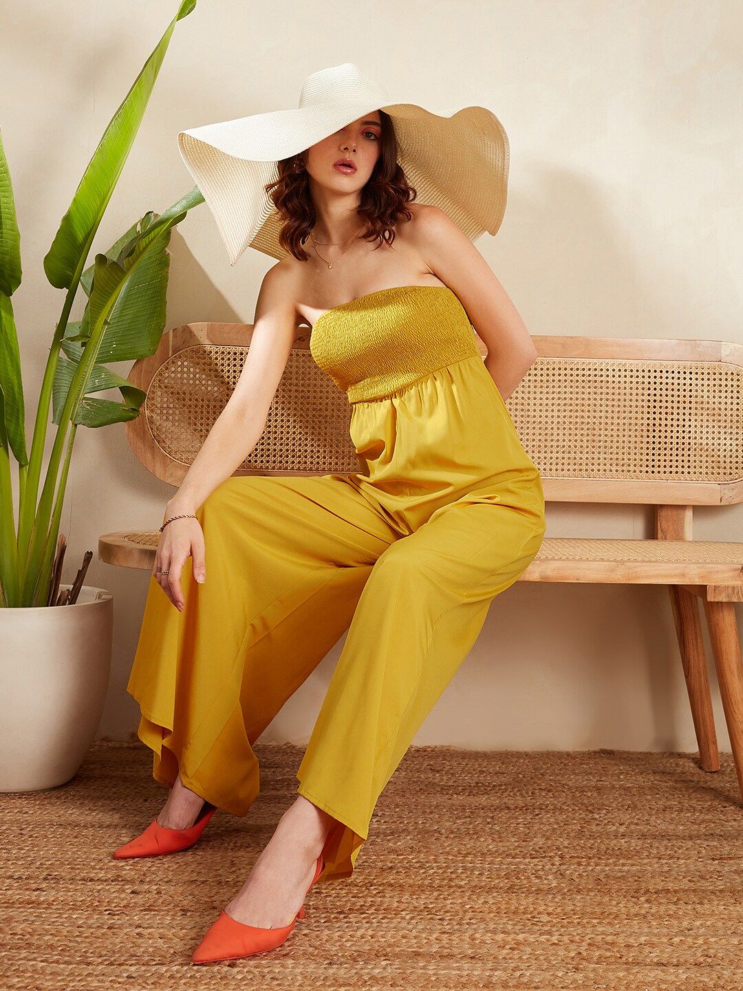 Berrylush Yellow Strapless Wide Leg Basic Jumpsuit