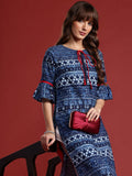 Anouk Ethnic Printed Flared Sleeves Indigo Pure Cotton Kurta