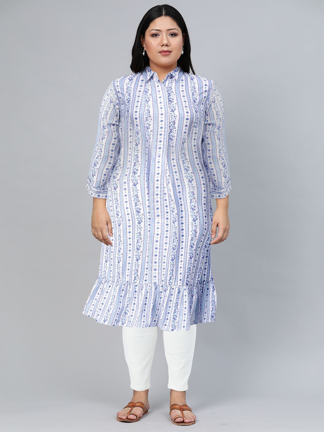 Global Desi Women White & Blue Striped Roll-Up Sleeves A-Line Kurta